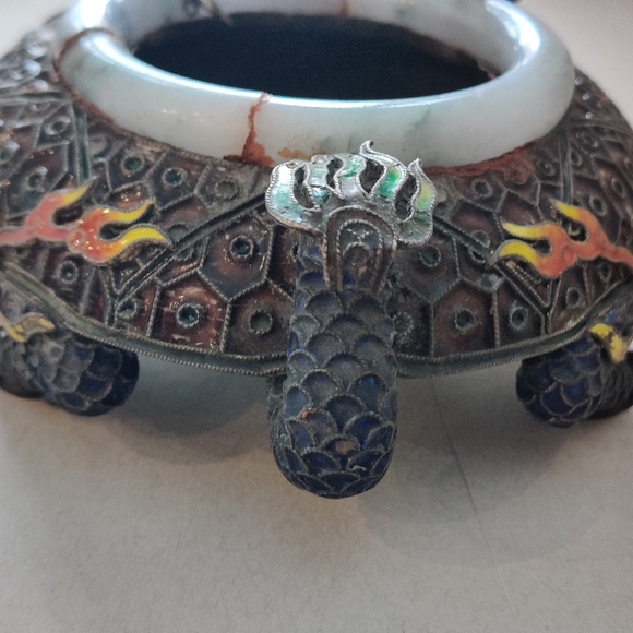 Chinese Export Dragon Ashtray Sterling Silver Enamel Jade Rim 332gr - Picture 15 of 16
